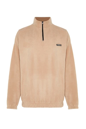 Trendyol Beige Men's Oversize/Wide Fit Sweatshirt with a Zipper Stand-Up Collar Thick Fleece/Plush with Labels.