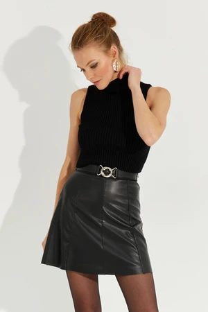 Cool & Sexy Women's Black Buckle Faux Leather Mini Skirt