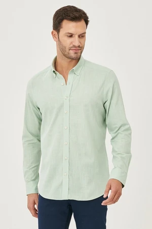 AC&Co / Altınyıldız Classics Men's A.mint Slim Fit Buttoned Collar Linen Look 100% Cotton Flared Shirt