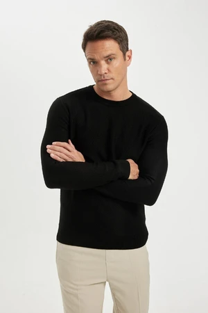 DEFACTO Men's Black Standard Fit Regular Cut Crew Neck Textured Knitwear Sweater