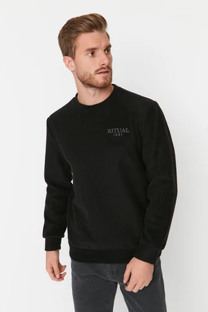 Trendyol Black Regular/Normal Cut Crew Neck Anti-pilling Polar Fleece Text Print Sweatshirt