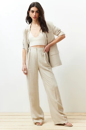 Trendyol Beige Ribbed Wide Leg Cotton Linen Woven Trousers