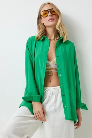 Happiness İstanbul Women's Green Oversize Long Linen Ayrobin Shirt