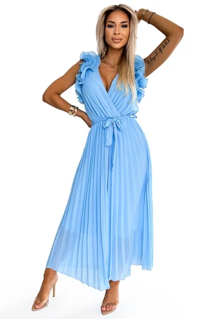 Pleated chiffon midi dress with a neckline and delicate ruffles Numoco