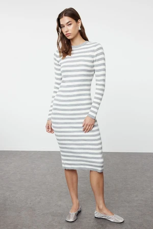 Trendyol Gray Midi Knitwear Basic Striped Dress