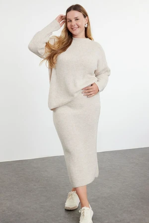 Trendyol Curve Beige Crew Neck Ribbed Knitwear Sweater & Skirt Bottom-Top Set