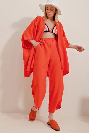 Trend Alaçatı Stili Women's Orange Self-Textured Trousers And Jacket With Slit Legs Double Suit