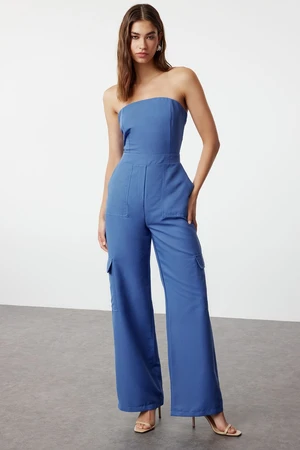 Trendyol Indigo Cargo Pocket Strapless Collar Maxi Woven Jumpsuit