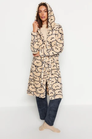 Trendyol Cream Wellsoft Animal Pattern Hooded Knitted Dressing Gown