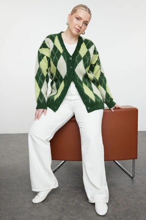 Trendyol Curve Green Diamond Patterned V-Neck Knitwear Cardigan