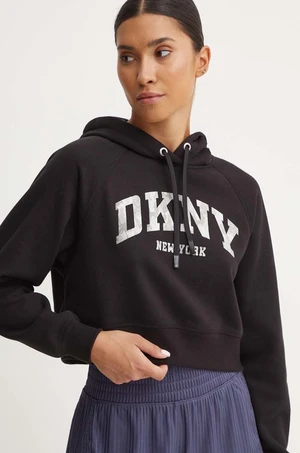 Mikina Dkny dámska, čierna farba, s kapucňou, s potlačou, DP4T9938