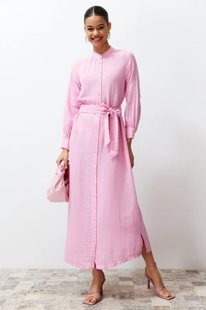 Trendyol Pink Judge Collar Belted Plain Woven Shirt Dress