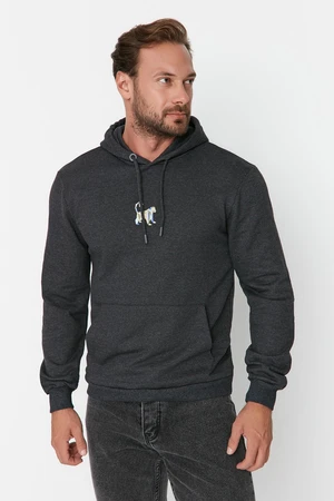 Trendyol Anthracite Regular/Normal Cut Hooded Oversleeve Embroidered Sweatshirt