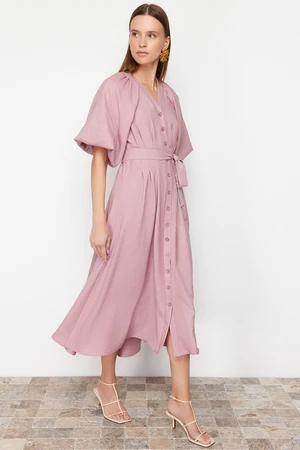 Trendyol Pink Belted Half Balloon Sleeve Linen Look Woven Shirt Dress