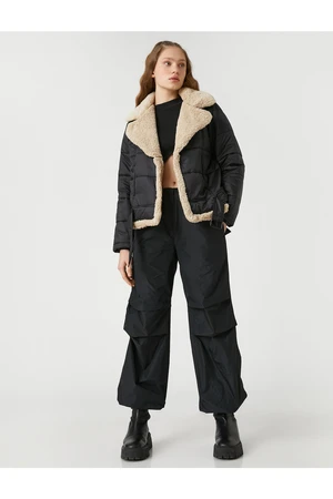 Koton Biker Jacket Puffy Faux Shearling Collar Pocket Detailed with Buckle.