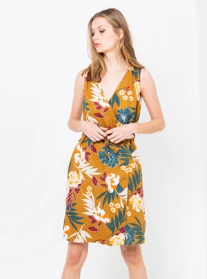 Mustard linen floral dress CAMAIEU - Women