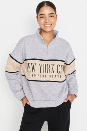 Trendyol Gray Melange Basic Printed Knitted Sweatshirt with Fleece Inside