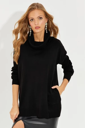 Cool & Sexy Women's Black Turndown Collar Pocket Knitwear Sweater YZ519