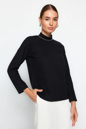 Trendyol Thessaloniki Regular Fit Knitted Blouse, Black Stand-Up Collar with Zipper and Gemstone Necklace Detail