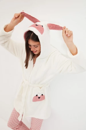 Trendyol Ecru Belted Animal Figured Hooded Wellsoft Knitted Dressing Gown