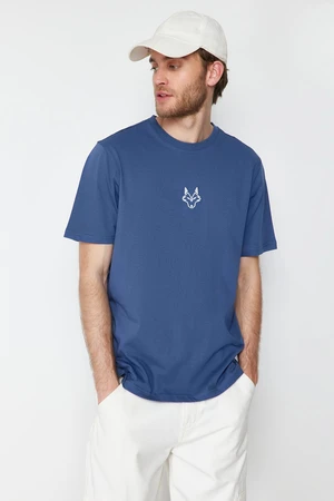 Trendyol Indigo Regular Cut Wolf Embroidered 100% T-Shirt