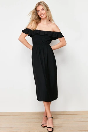 Trendyol Black Straight Cut Madonna Collar Linen Look Maxi Woven Dress