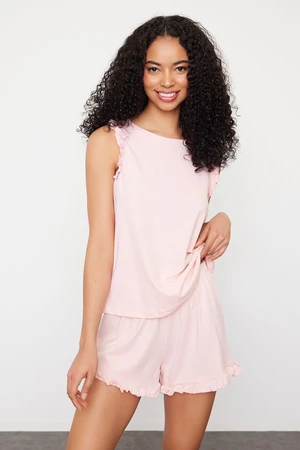 Trendyol Pink 100% Cotton Ruffle Detailed Knitted Pajama Set