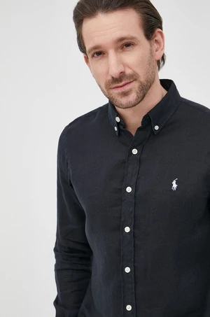 Plátěná košile Polo Ralph Lauren pánská, tmavomodrá barva, slim, s límečkem button-down