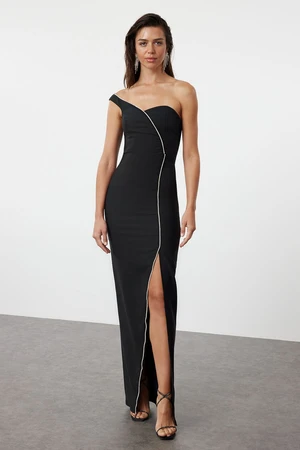 Trendyol Black Body-Fitting Stone Accessory Single Sleeve Long Woven Elegant Evening Dress