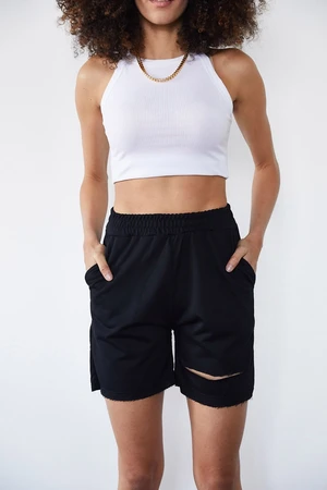 XHAN Women's Black Ripped Detailed Shorts