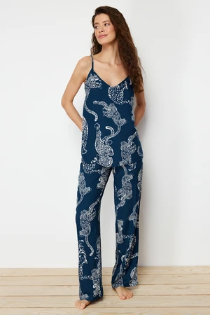 Trendyol Blue Animal Patterned Rope Strap Viscose Woven Pajama Set