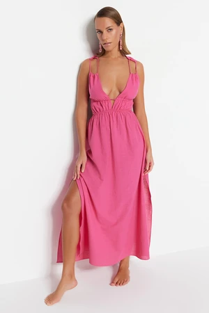 Trendyol Fuchsia Maxi Woven 100% Cotton Beach Dress with a Slit