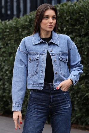 Bigdart 0693 Buttoned Oversize Denim Jacket - Navy Blue