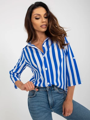 Blue-white shirt blouse with 3/4 sleeves