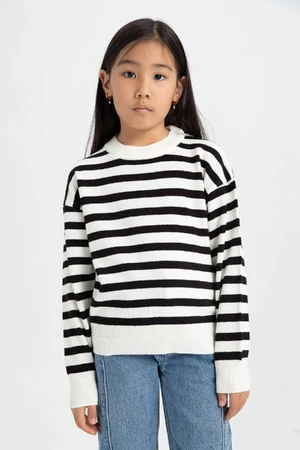 DEFACTO Girl Black White Striped Standard Fit Crew Neck Basic Plain Knitwear Sweater