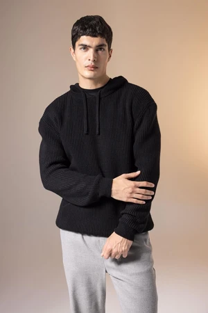 DEFACTO Black Relax Fit Hooded Basic Plain Knitwear Sweater