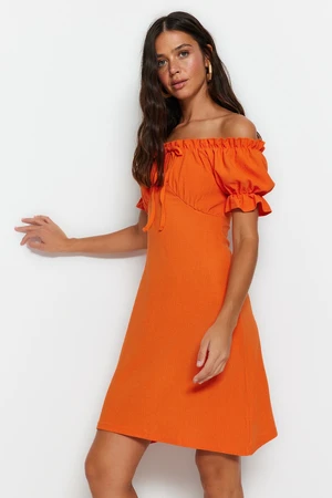 Trendyol Orange Square Neck Sleeves Ruffled Twist A-line Mini Knitted Dress