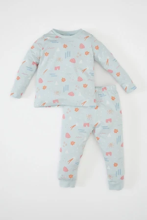 DEFACTO Baby Girl Patterned Long Sleeve Top Long Bottom Cotton Pajama Set