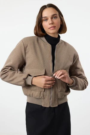 Trendyol Dark Mink Regular Pattern Knitted Cashmere Bomber Jacket Coat