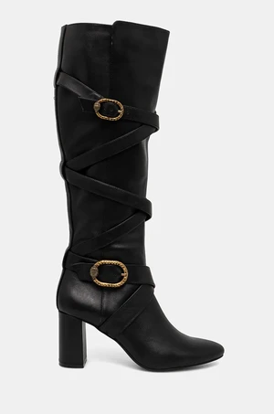 Kožené kozačky Kurt Geiger London Mayfair Strappy Knee Boot dámské, černá barva, na podpatku, 3483800109