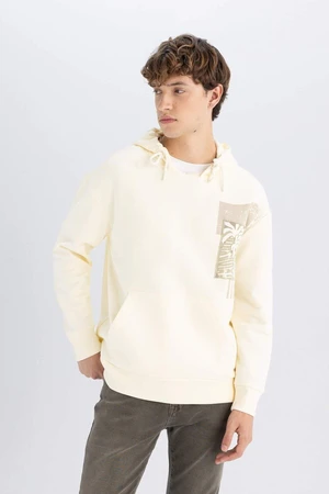 DEFACTO Men's Ecru Boxy Fit Hooded Printed Pocket Sweatshirt