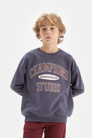 DEFACTO Boy Indigo Oversize Fit Wide Pattern Crew Neck Text Printed School Sweatshirt