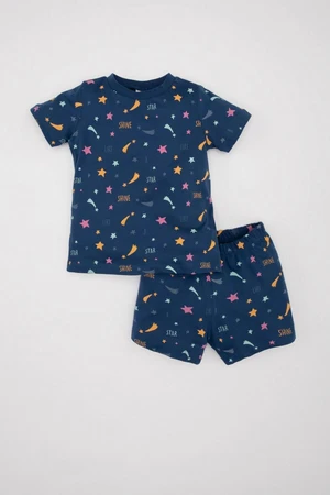 DEFACTO Baby Girl Star Patterned Glow in the Dark Short Sleeve Combed Cotton Pajama Set with Shorts