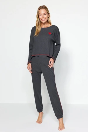 Trendyol Anthracite Embroidery and Stitch Detail Ribbed Cotton Tshirt-Jogger Knitted Pajamas Se