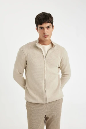 DEFACTO Men's Beige Standard Fit Regular Cut Stand Collar Zippered Knitwear Cardigan