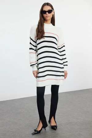 Trendyol Ecru Red and Black Striped Basic Knit Sweater