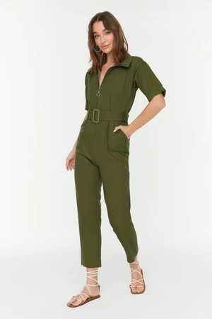 Trendyol Khaki Belted Zipper Detailed Woven Jumpsuit