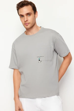 Trendyol Grey Oversize/Wide Cut Pocket Embroidered 100% Cotton T-Shirt