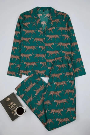 Trendyol Emerald Green Animal Patterned Viscose Woven Pajama Set