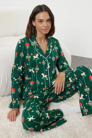 Trendyol Green 100% Cotton Christmas Themed Knitted Pajama Set